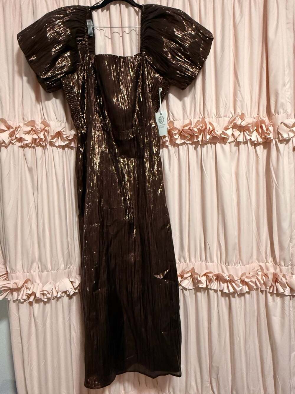 Hyacinth House Brown Shimmer Metallic Puff Sleeve Midi Dress XL - Picture 3 of 5
